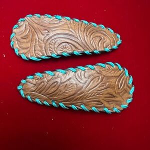 Brown Western Leather Hair Clips with Teal Trim